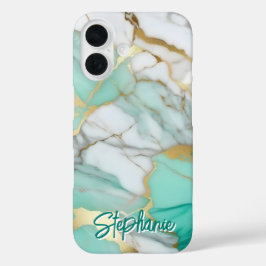 Elegante goud sage groene marmer aangepaste naam iPhone 16 hoesje