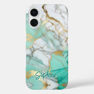 Elegante goud sage groene marmer aangepaste naam iPhone 16 hoesje