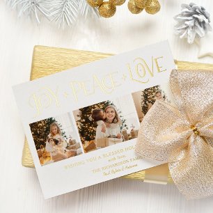 Elegante Goud Vreugde Vrede Liefde Script 3-Foto Folie Feestdagenkaart