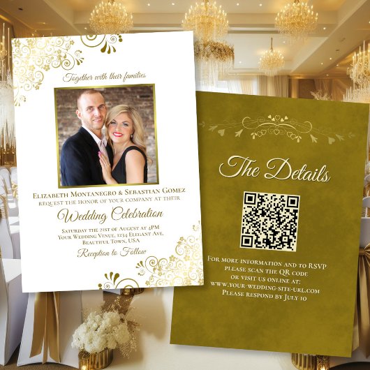 Elegante Goud & Wit Foto & QR Code Huwelijk Kaart