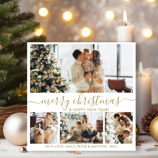 Elegante Goud Witte 4 Foto Collage Kerstmis Holid Feestdagenkaart