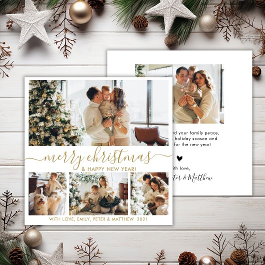 Elegante Goud Witte 4 Foto Collage Kerstmis Holid Feestdagenkaart