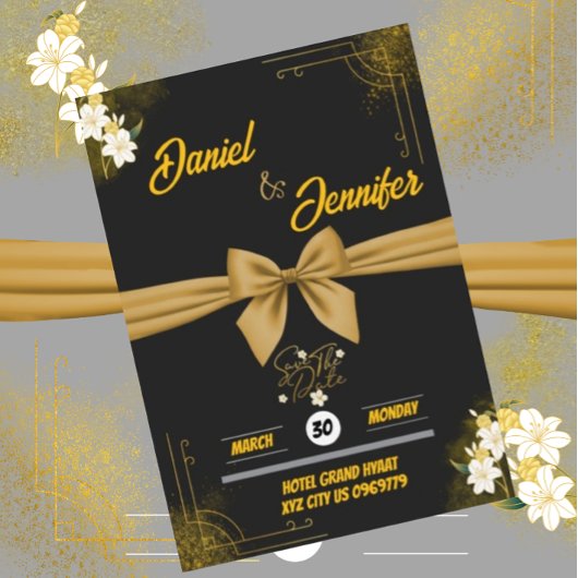 Elegante Goud & Zwart Bloemen Save The Date Weddin Kaart