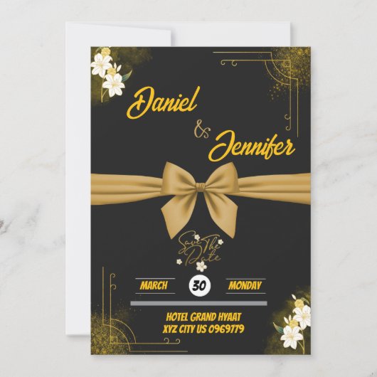Elegante goud & zwart met witte bloem-huwelijks- save the date (Voorkant)