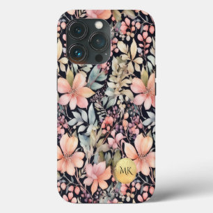 Elegante Goud Zwart Roze Bloemige Waterverf Monogr iPhone 13 Pro Hoesje