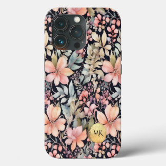 Elegante Goud Zwart Roze Bloemige Waterverf Monogr iPhone 13 Pro Hoesje