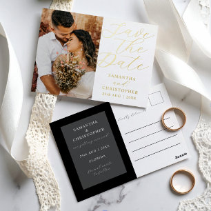 Elegante goud & zwarte 1 foto save the date folie feestdagen briefkaart
