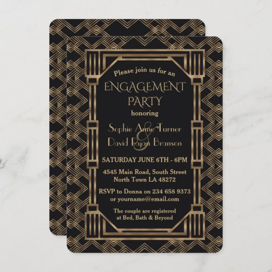 Elegante Goud Zwarte Gatsby Huwelijksfeest Kaart (Voorkant / Achterkant)