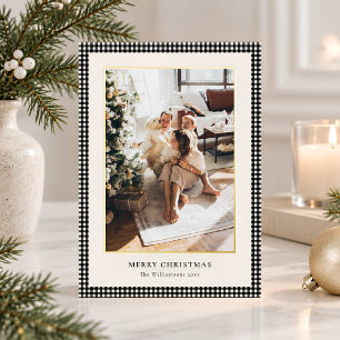 Elegante Goud Zwarte Gingham Zalig Kerst Foto Folie Feestdagenkaart