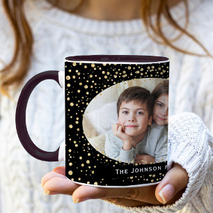 Elegante Goud Zwarte Glitter Stippen Foto Kerstmis Mok