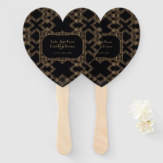 Elegante Goud Zwarte Great Gatsby Jaren 20 Huwelij Handwaaier (Voorkant en achterkant)