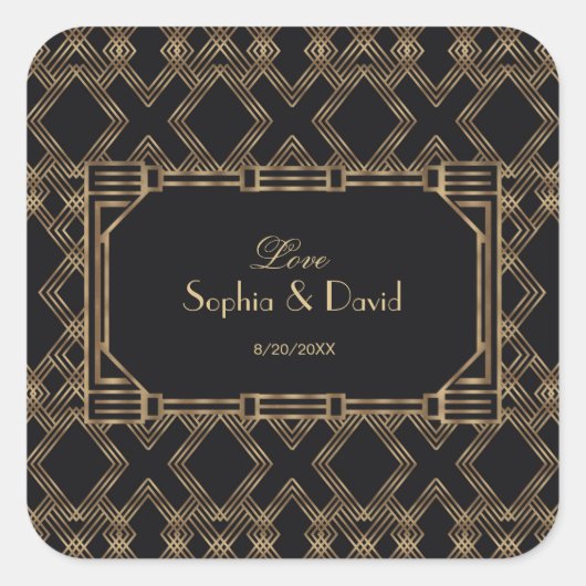 Elegante Goud Zwarte Great Gatsby Jaren 20 Huwelij Vierkante Sticker (Voorkant)