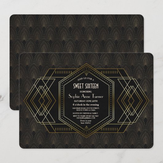 Elegante Goud Zwarte Great Gatsby Sweet Sixteen Kaart (Voorkant / Achterkant)