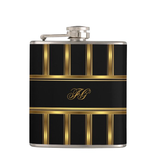 Elegante Goud Zwarte Metaal uitzicht Monogram Naam Heupfles (Voorkant)