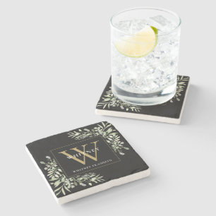 Elegante Goud Zwarte Monogram Waterverf Groene Bla Stenen Onderzetter