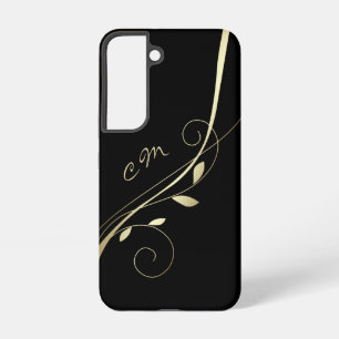 Elegante Goudbladkrul Zwarte Monogram Samsung Galaxy Hoesje