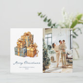 Elegante goudblauwe foto Vrolijke kerst Kaart (Staand voorkant)