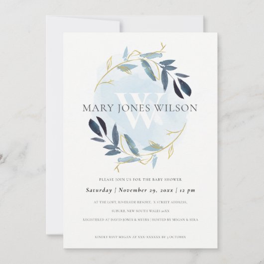 ELEGANTE GOUDE BLAUWE LOOFKRANS BABY SHOWER KAART (Voorkant)