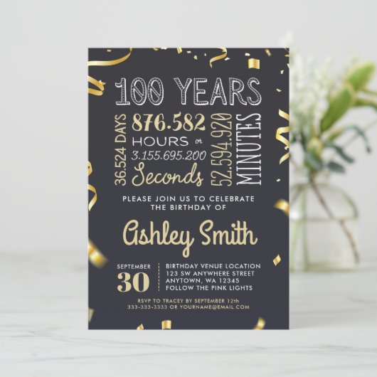 Elegante gouden 100e verjaardag uitnodiging - 100 (Staand voorkant)