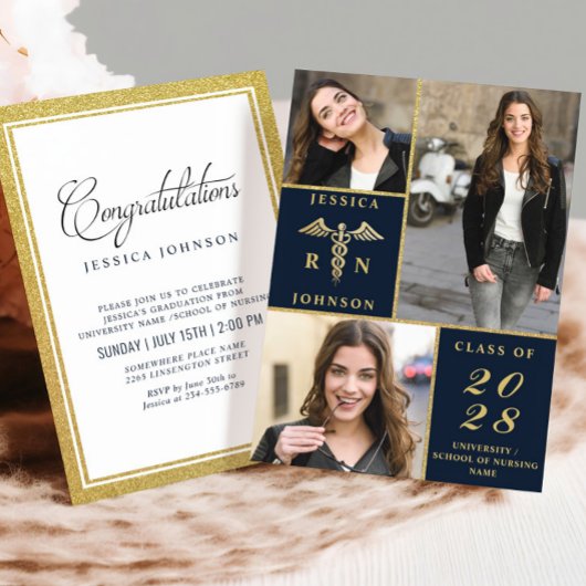 Elegante Gouden 3 FOTO Verpleegkundige Afstudeerfe Kaart