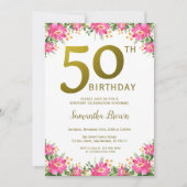 Elegante gouden 50e verjaardag roze bloem kaart (Voorkant)