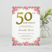 Elegante gouden 50e verjaardag roze bloem kaart (Staand voorkant)