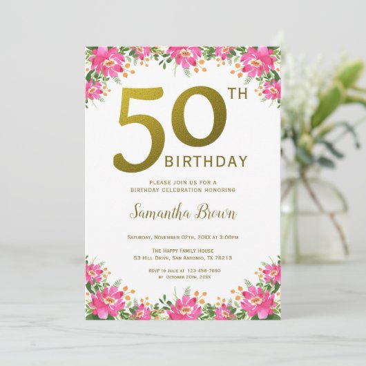 Elegante gouden 50e verjaardag roze bloem kaart (Staand voorkant)