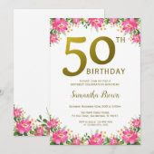 Elegante gouden 50e verjaardag roze bloem kaart (Voorkant / Achterkant)