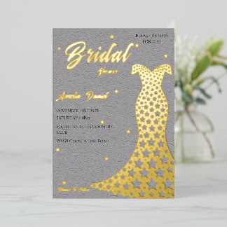 Elegante Gouden Accent Bruiloftsdouche Jurk Folie Uitnodiging