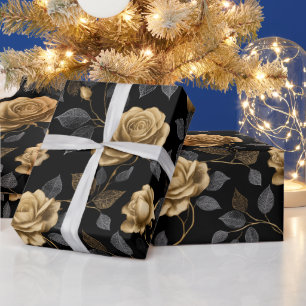 Elegante gouden accent roos zwart bloemmotief cadeaupapier
