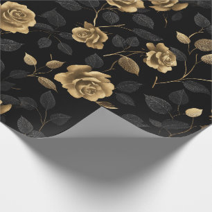 Elegante gouden accent roos zwart bloemmotief cadeaupapier