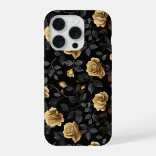 Elegante gouden accent roos zwart bloemmotief iPhone 15 pro case