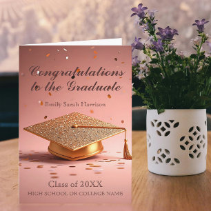 Elegante gouden afstudeerdop met Confetti op roze Kaart
