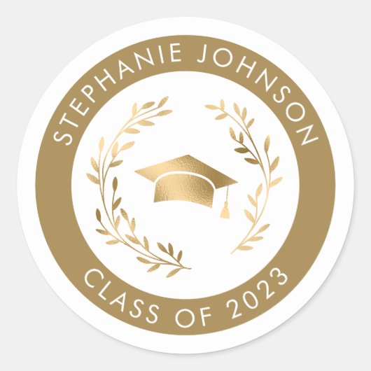 Elegante gouden afstudeerhoed en krans Klas van 20 Ronde Sticker (Voorkant)