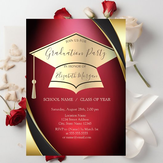 Elegante gouden afstudeerhoed frame rode afstudere kaart