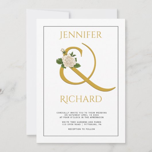 Elegante gouden ampersand en witte roos bruiloft kaart (Voorkant)
