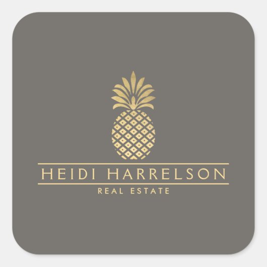 Elegante gouden ananas Logo op Taupe Vierkante Sticker (Voorkant)