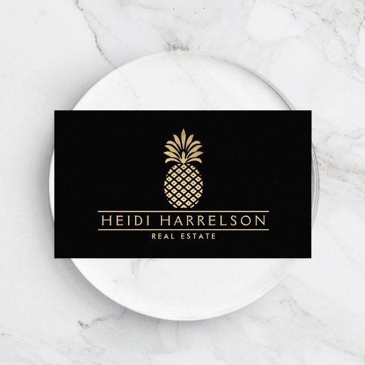 Elegante gouden ananas Logo op zwart Visitekaartje