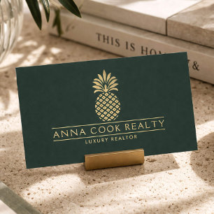 Elegante Gouden Ananas Luxe Makelaar Diep Groen Visitekaartje