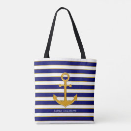 Elegante gouden anker op blauw en wit gestreept tote bag