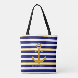 Elegante gouden anker op blauw en wit gestreept tote bag