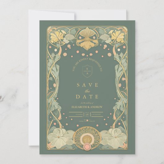 Elegante gouden art nouveau save the date (Voorkant)