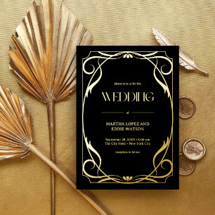 Elegante Gouden Art Nouveau Trouwring Folie Uitnodiging