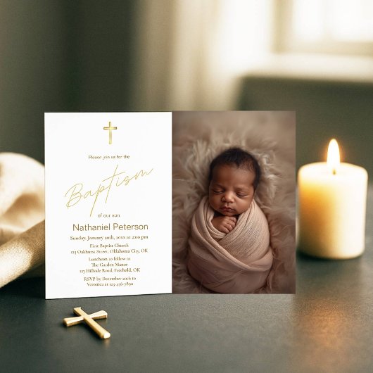 Elegante Gouden Baby Jongen Doop Fotouitnodiging Kaart