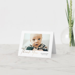 Elegante gouden babyfoto met sierlijk schrift bedankkaart