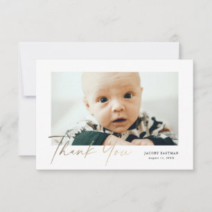 Elegante gouden babyfoto met sierlijk schrift bedankkaart