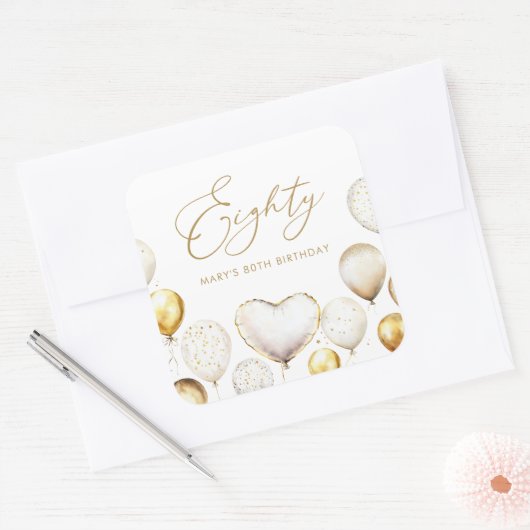 Elegante gouden ballon 80e dankjewel verjaardag vierkante sticker (Envelop)