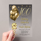 Elegante gouden ballonnen op zwart 100 verjaardags acryl uitnodigingen (Insitu (Draagbaar))