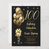 Elegante gouden ballonnen op zwart 100 verjaardags kaart (Voorkant)