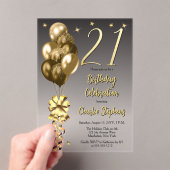 Elegante gouden ballonnen op zwart 21st verjaardag acryl uitnodigingen (Insitu (Draagbaar))